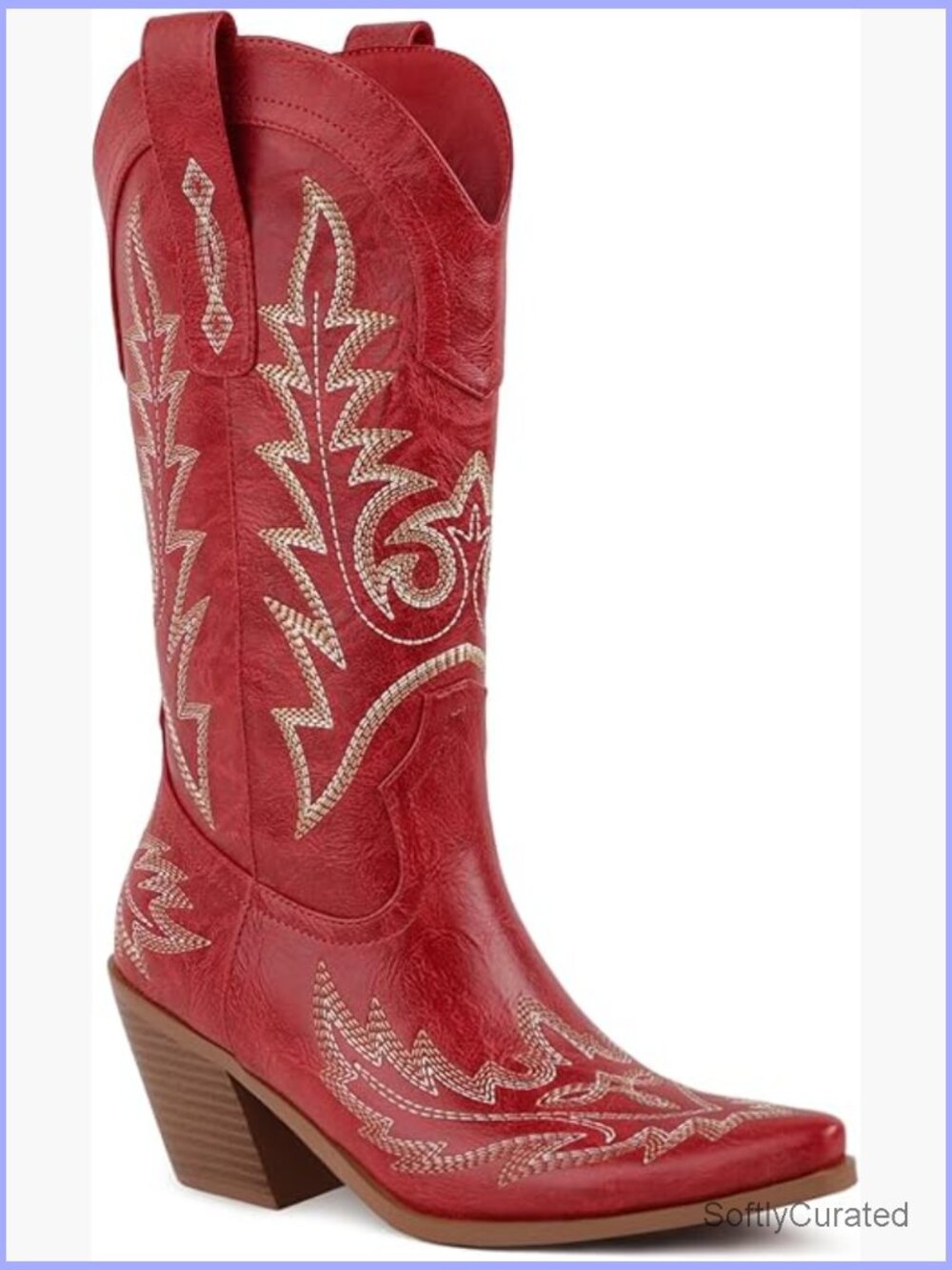 Western Cowgirl Boots Mid Calf Chunky Heel Embroidered Pointed Toe Pull-On